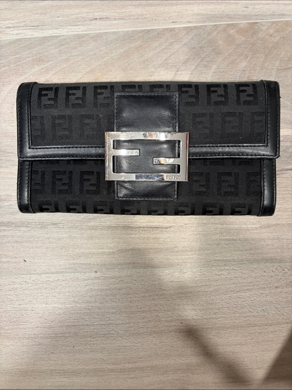 Fendi Black Zucca Fold-Over Clutch with Silver Buckle